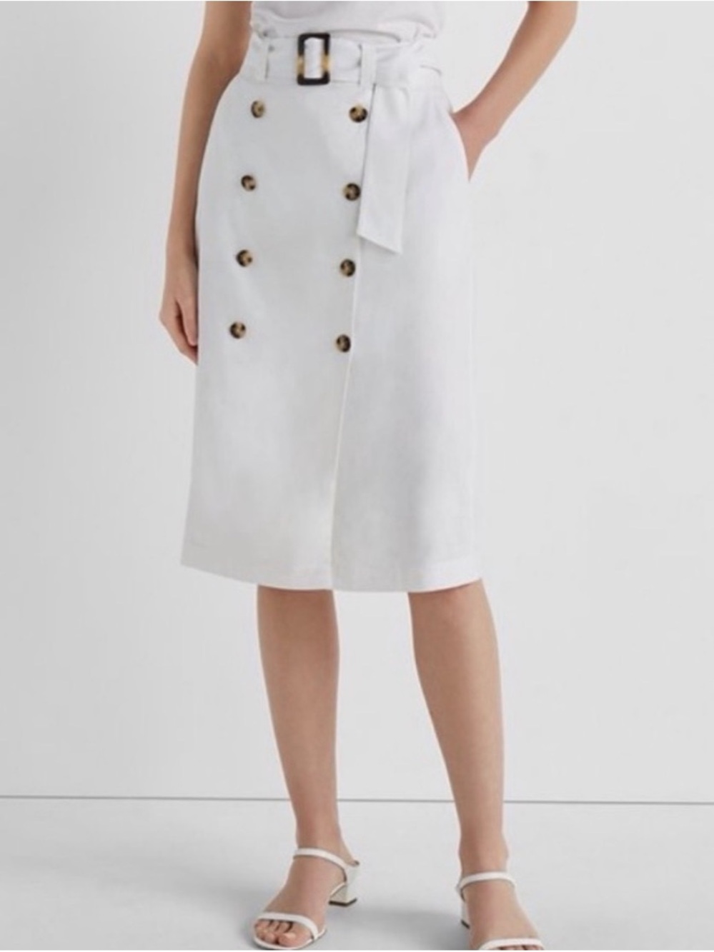 NWT. Club Monaco Cream White Women’s Belted Midi Skirt Linen Blend in Size 12